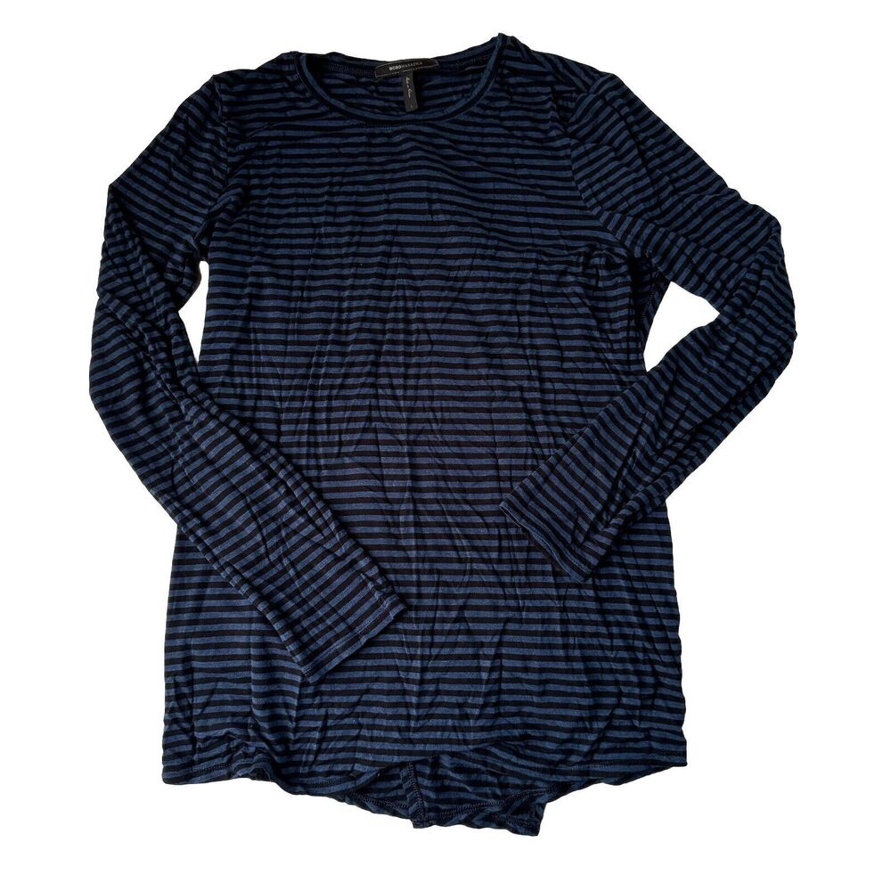 BCBG Maxazria Draped Back Top Size Large Blue & Black Striped Long Sleeve
